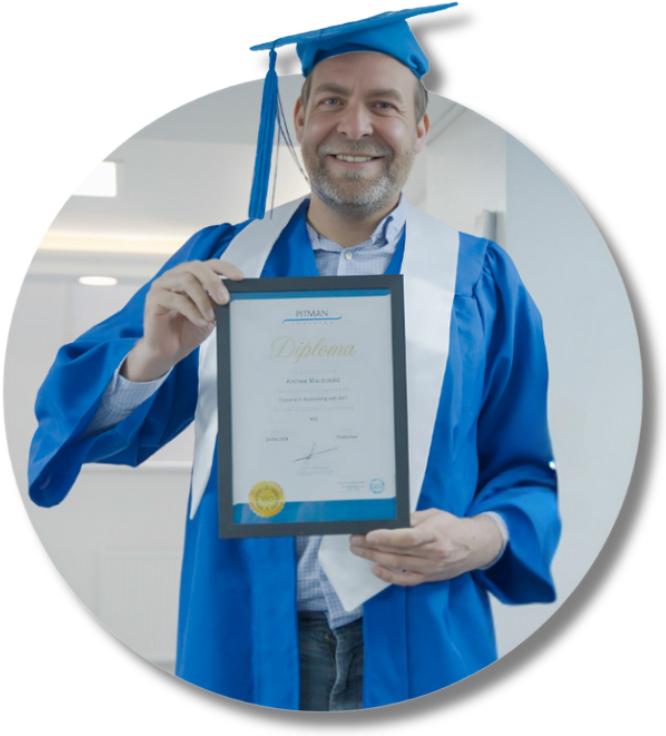 Andrew MacDonald beaming with pride at his Pitman Training Newcastle graduation ceremony, wearing traditional cap and gown