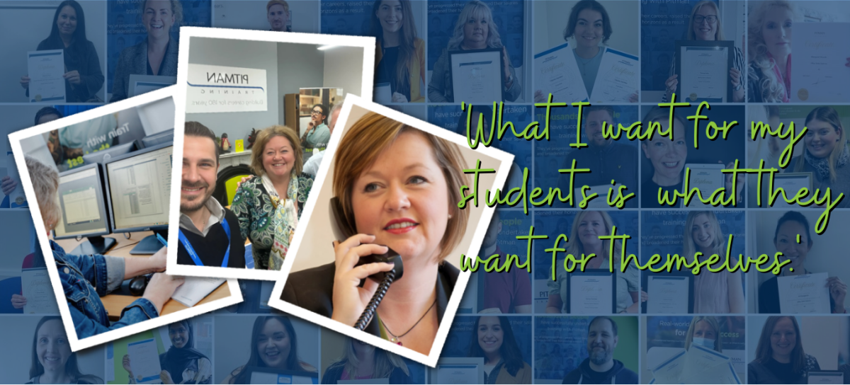 Paula Elliott at Pitman Training Dover with student success stories and quote about helping students achieve their career goals Paula Elliott at Pitman Training Dover with graduate success stories and quote about helping students achieve their career goals