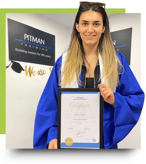 Angjelica Mingkoz - Web Developer Diploma Manchester Angjelica, Pitman Training Manchester graduate, holding her Web Developer Diploma certificate