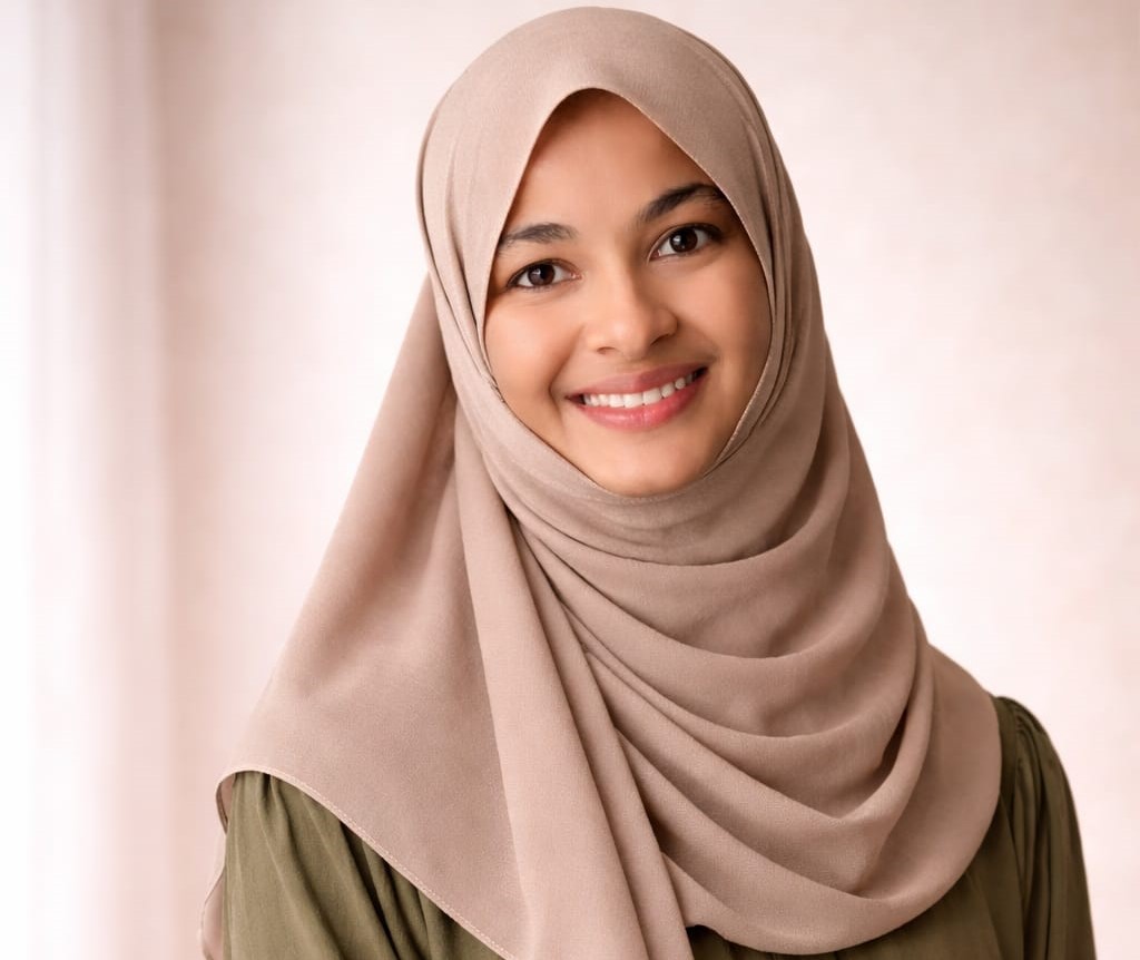 Naila Nazir, Pitman Training Kenya Secretarial Diploma graduate, smiling in an olive green top and beige headscarf
